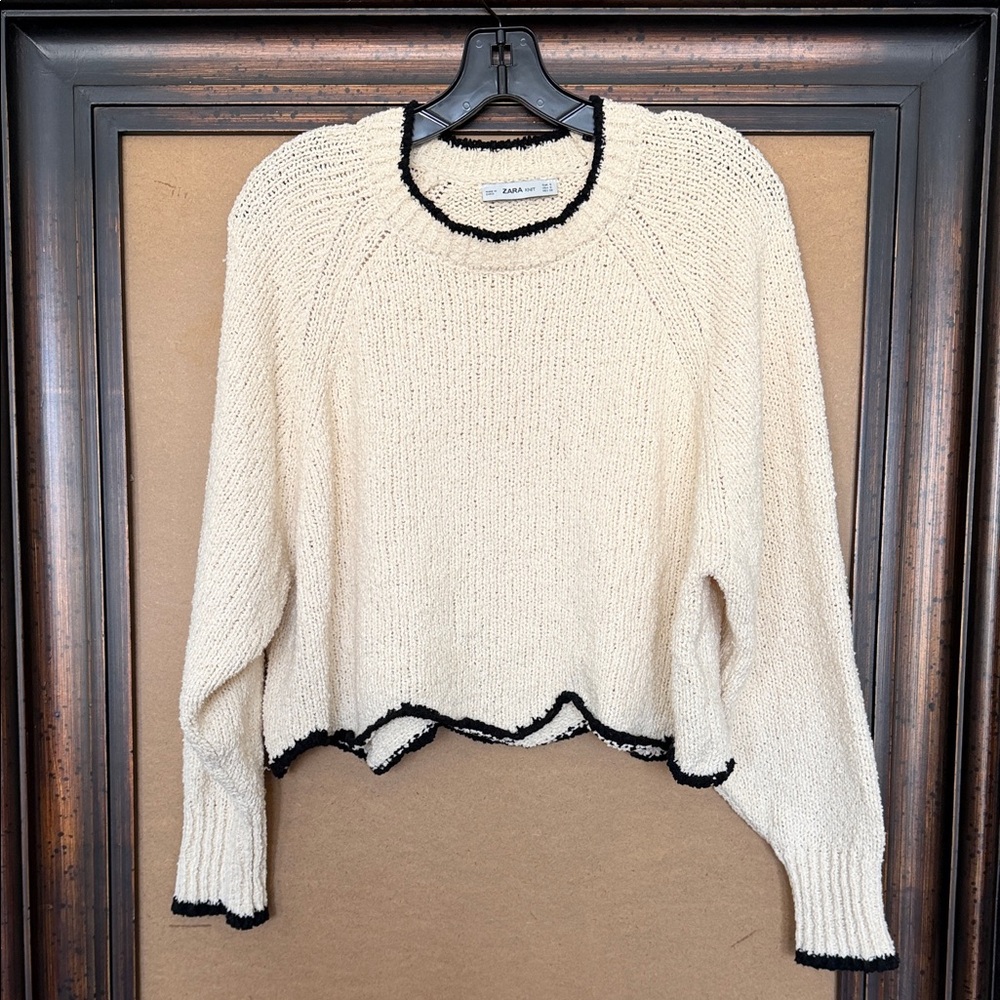 Zara Cotton Blend Cream Sweater with Black Edges